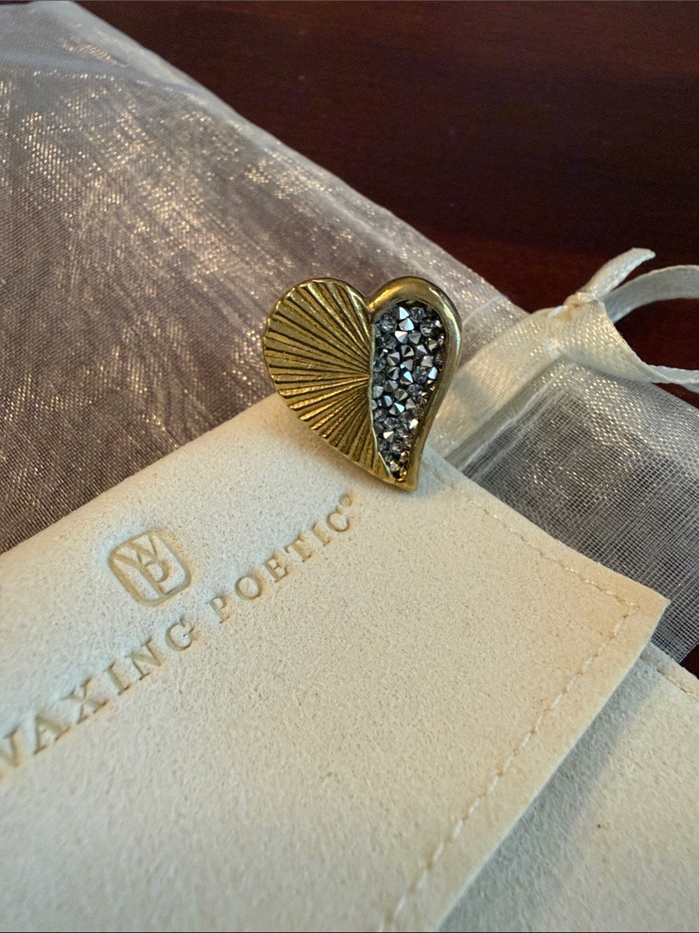 Waxing Poetic Gold and Silver Textured Heart Ring with Silver Druzy Accent